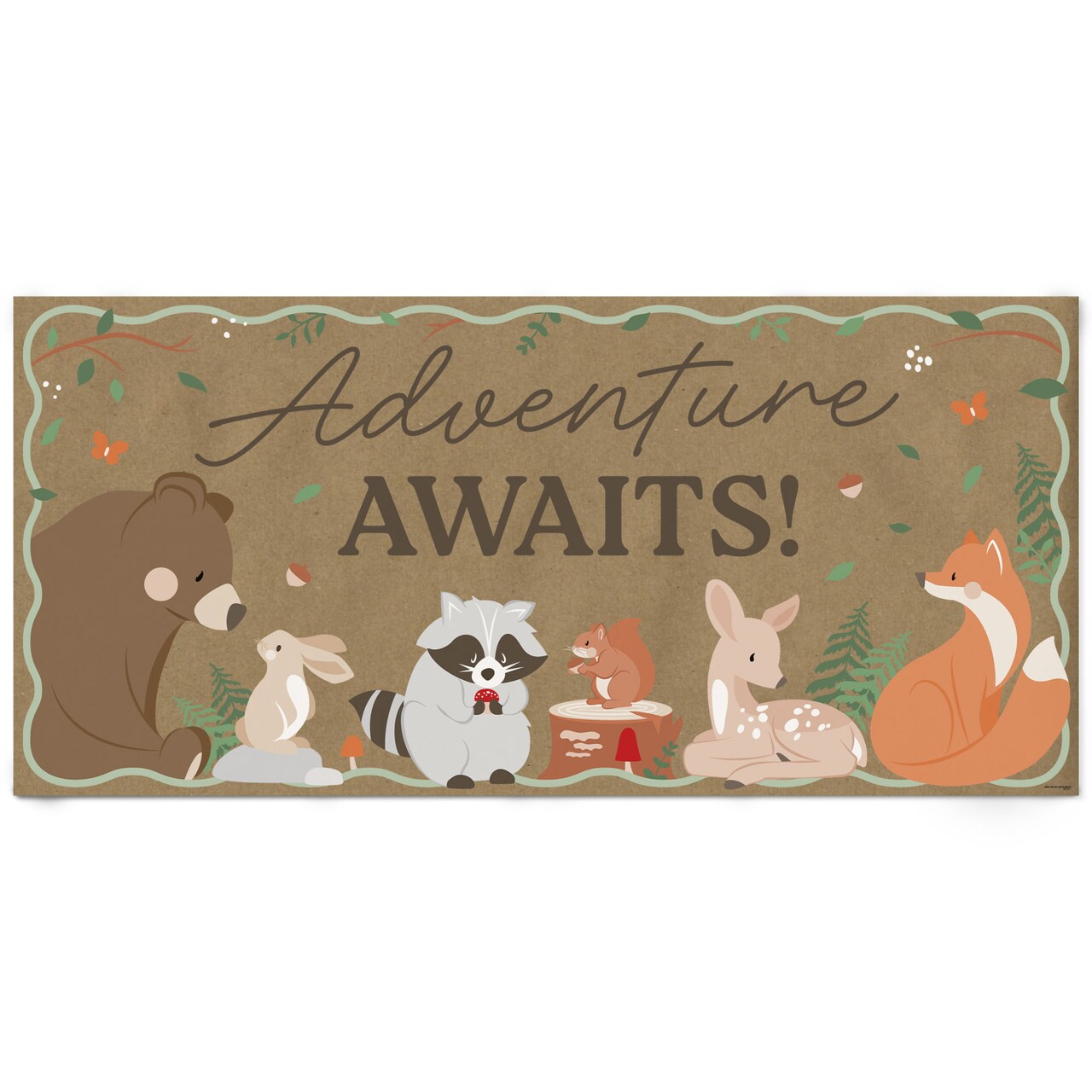 Big Dot of Happiness Woodland Animals Adventure Awaits Kraft Paper Banner, Forest Baby Shower or Birthday Banner Printed Brown Paper Sign Decor – 1 Ct